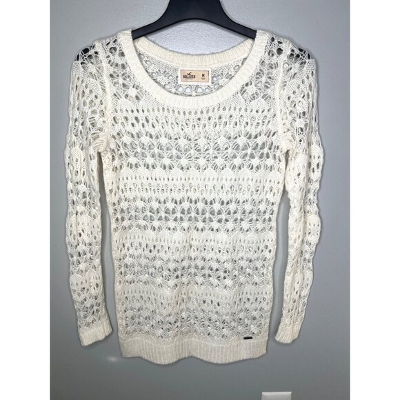 Hollister Women Wool Cream Long Sleeve Crochet Knit Sweater Medium - Picture 5 of 11